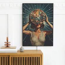 1 peça, pôster de tela de mulher com bola de discoteca vintage, arte luxuosa de bola de espelho, estética moderna e divertida, estilo nórdico, decoração de sala de casa, arte de parede, presente ideal para quarto, sala de estar, corredor, arte de parede, decoração de parede, sem moldura