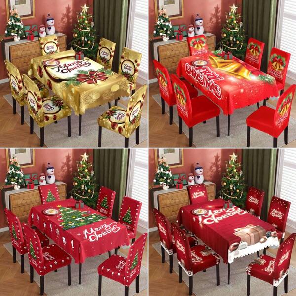 7 peças/conjunto de toalha de mesa com estampa de Natal e capa para cadeira, à prova d'água, pano de decoração de mesa à prova de óleo e 6 capas para cadeira
