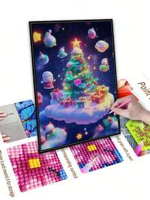 5D 钻石画马赛克艺术套件 - 美丽的圣诞树，钻石艺术装饰，适用于家居景观墙 - 寶藍色 - 查看 4