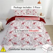 3PCS Christmas Reindeer Print Duvet Cover Set(1*Duvet Cover + 2*Pillowcase, Without Core),Christmas Theme,All Seasons, Soft, Breathable, And Hypoallergenic Winter Theme Holiday Decor Gift For Bedroom,The Perfect Christmas Gift