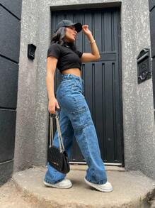 High Waisted Cargo Jeans Wide Leg Jeans - Dark Wash - View 4