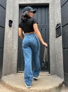 High Waisted Cargo Jeans Wide Leg Jeans - Dark Wash - View 3