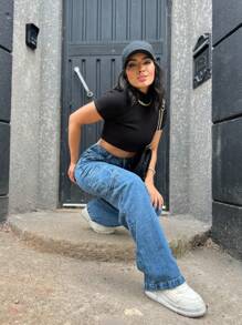 High Waisted Cargo Jeans Wide Leg Jeans - Dark Wash - View 5