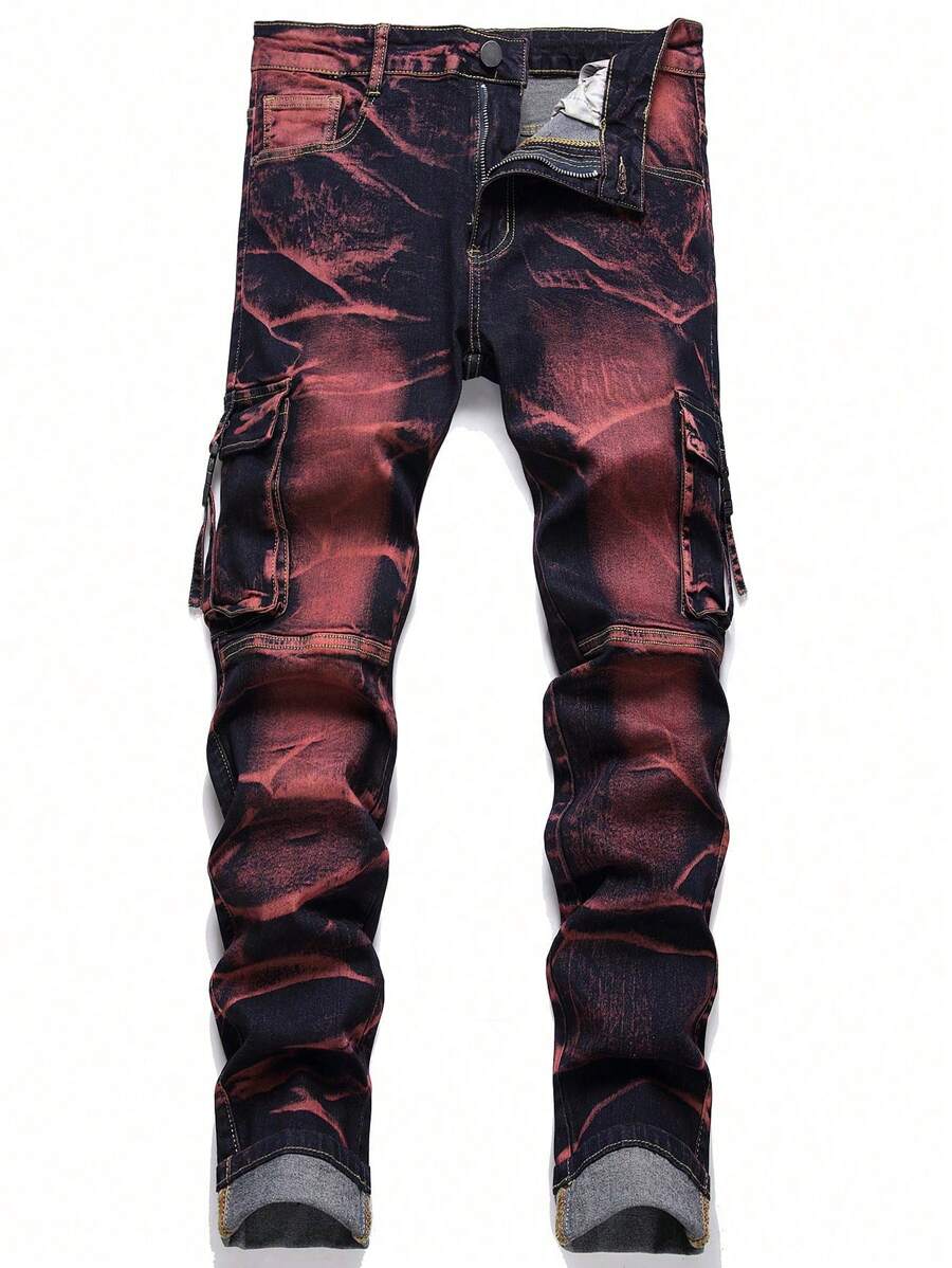 Jeansy casualowe w stylu cargo z wieloma kieszeniami i łatkami na guziki - Średni jeans - Zobacz 1