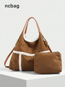 1 件女士新款单肩托特包，大容量毛绒包，适合通勤和办公，秋冬季 - 彩色 - 查看 2