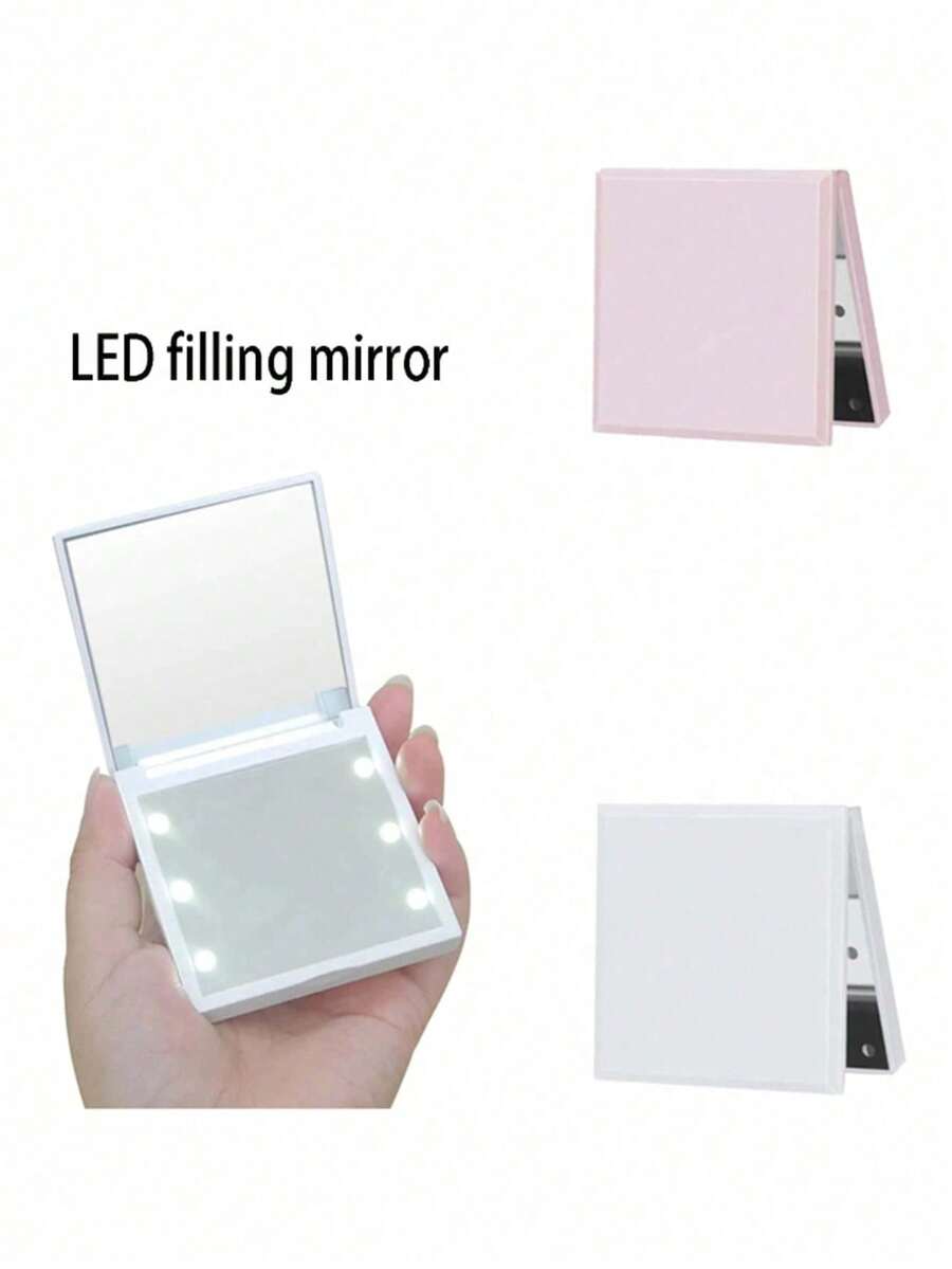 1pc Folding Square Mini LED Cosmetic Mirror, Small And Portable Folding