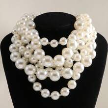 1 Pc Vintage Glamorous Multi-Layer Faux Pearl Necklace, Suitable For Women Evening Party, Wedding Or Gift