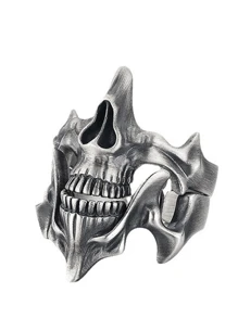 1 件钛钢戒指男士嘻哈朋克戒指，千叶骷髅鬼脸二合一泰银组合戒指，适合派对、日常佩戴 - 骷髏鬼面戒指 - 查看 13
