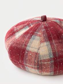 1 件装女士新款复古时尚格子图案贝雷帽，镶有水钻，百搭设计，适合秋冬季 - 彩色 - 查看 8