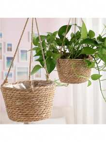 Handcrafted Woven Basket Hanging Planter With Jute Rope - Perfect For Indoor Or Outdoor Decor (Random Color) Gifts Birthday Graduation