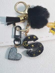 1 件树脂星空环氧字母钥匙扣，带流苏和黑色毛球装饰，送给朋友和母亲的礼物，汽车配件包饰，书包挂绳，带身份证夹，汽车配件包饰 - 黑色 - 查看 14