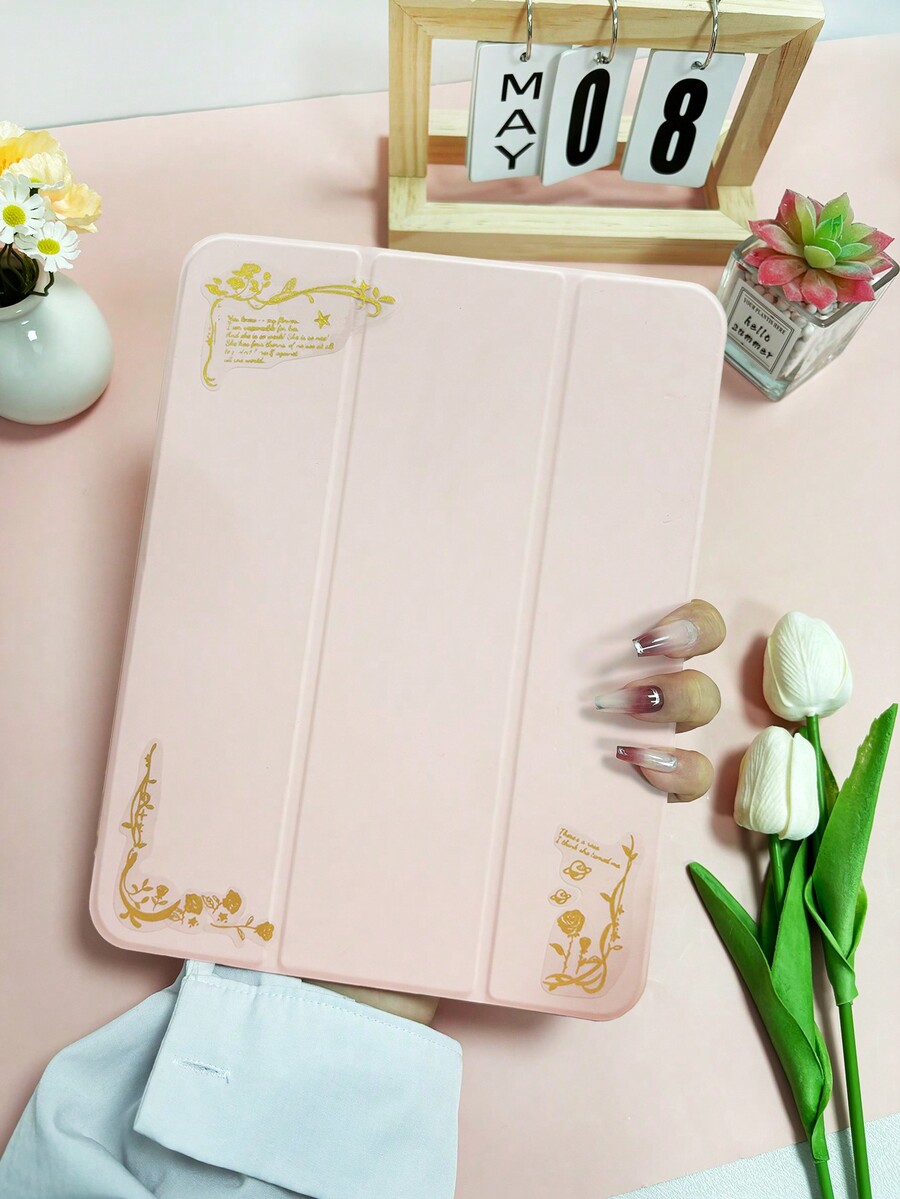 1pc Acrylic Flat Tablet Case With 1pc Rose Gold Sticker For DIY, Tri