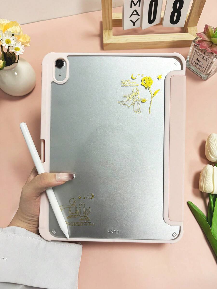 1pc Acrylic Flat Tablet Case With 1pc Rose Gold Sticker For DIY, Tri