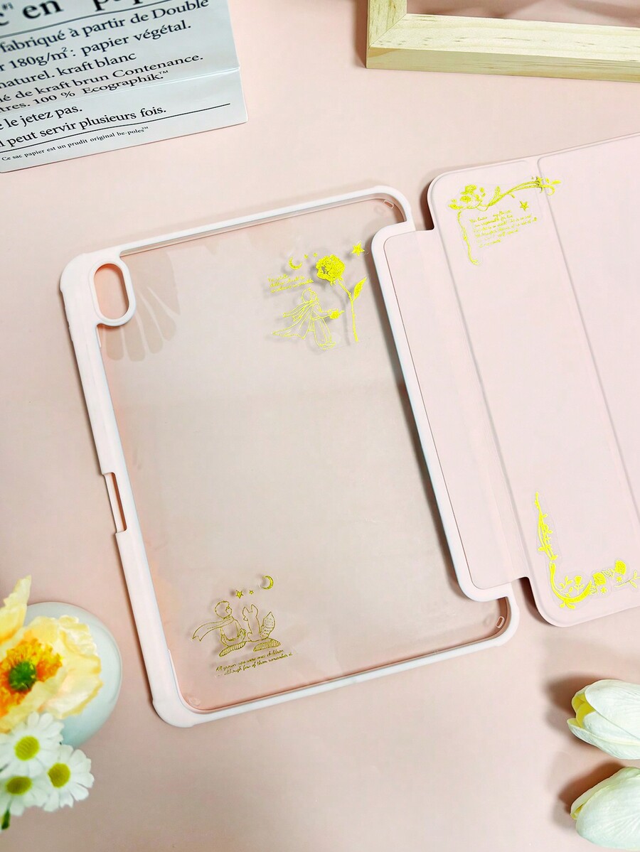 1pc Acrylic Flat Tablet Case With 1pc Rose Gold Sticker For DIY, Tri