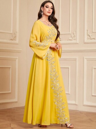  Siskakia Muslim Eid Festivals Sequin V-Neck Long Sleeve With Belt Modest Dress For Women Kebaya