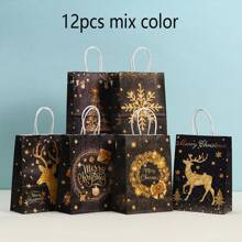 6/12/18/24pcs/Set 21*15*8CM Christmas Kraft Paper Gift Bags, Different Style Christmas Wrapping Paper Bags, Christmas Gift Bags With Handles, Reusable Candy Snack Bags, Bulk For Holiday Party Gifts