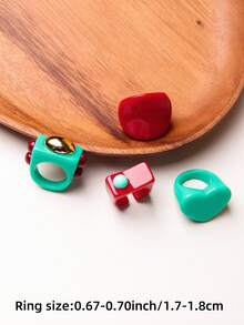 4 件/套优雅高端红绿色块树脂戒指，简约设计戒指适合送礼、参加派对、婚礼和聚会 - 紅綠撞色套裝 - 查看 7