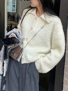 厚款 Polo 领针织短开衫，适合小个子女士，时尚别致毛衣夹克，秋冬