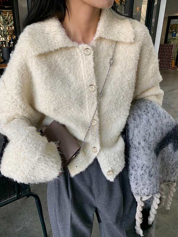 Thick Polo Collar Knitted Short Cardigan For Small Women, Fashion Chic Sweater Jacket, Autumn/Winter