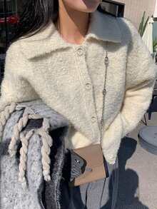 厚款 Polo 领针织短开衫，适合小个子女士，时尚别致毛衣夹克，秋冬