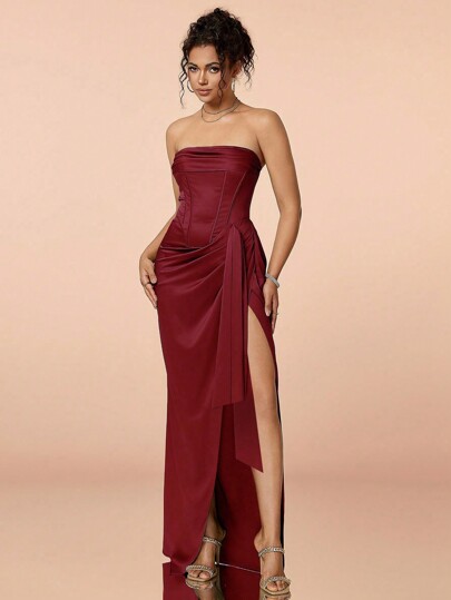 DECODE DIVA Ruched Split Thigh Satin Tube Evening Prom Dress, Elegant Semi Formal Wedding Guest Dress, For Birthday, Graduation, Homecoming Party Dress,Back To School,Anniversary Party Cocktail Dress, Chirstmas PartyWear #SatinGlossWear #GlamElegantDress #PartyLook