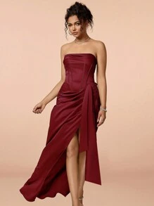 Elegant Ruched Slit Satin Strapless Formal Gown, Red Evening Party Dress, Suitable For Formal Occasions, Christmas, New Year #Grand Gala# Charming Graceful Dress - Burgundy - View 5