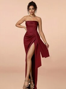 Elegant Ruched Slit Satin Strapless Formal Gown, Red Evening Party Dress, Suitable For Formal Occasions, Christmas, New Year #Grand Gala# Charming Graceful Dress - Burgundy - View 7