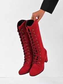 时尚女式绒面中筒靴，粗跟中高圆头前系带侧拉链马靴，高筒靴，黑色、红色、米色、棕色、豹纹，休闲性感潮流摩托车靴