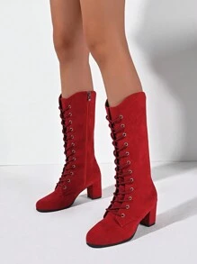 时尚女式绒面中筒靴，粗跟中高圆头前系带侧拉链马靴，高筒靴，黑色、红色、米色、棕色、豹纹，休闲性感潮流摩托车靴