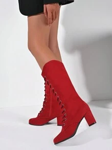 时尚女式绒面中筒靴，粗跟中高圆头前系带侧拉链马靴，高筒靴，黑色、红色、米色、棕色、豹纹，休闲性感潮流摩托车靴