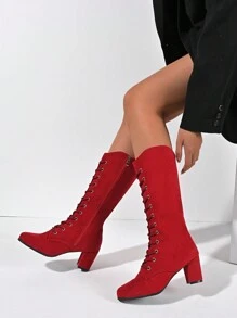 时尚女式绒面中筒靴，粗跟中高圆头前系带侧拉链马靴，高筒靴，黑色、红色、米色、棕色、豹纹，休闲性感潮流摩托车靴