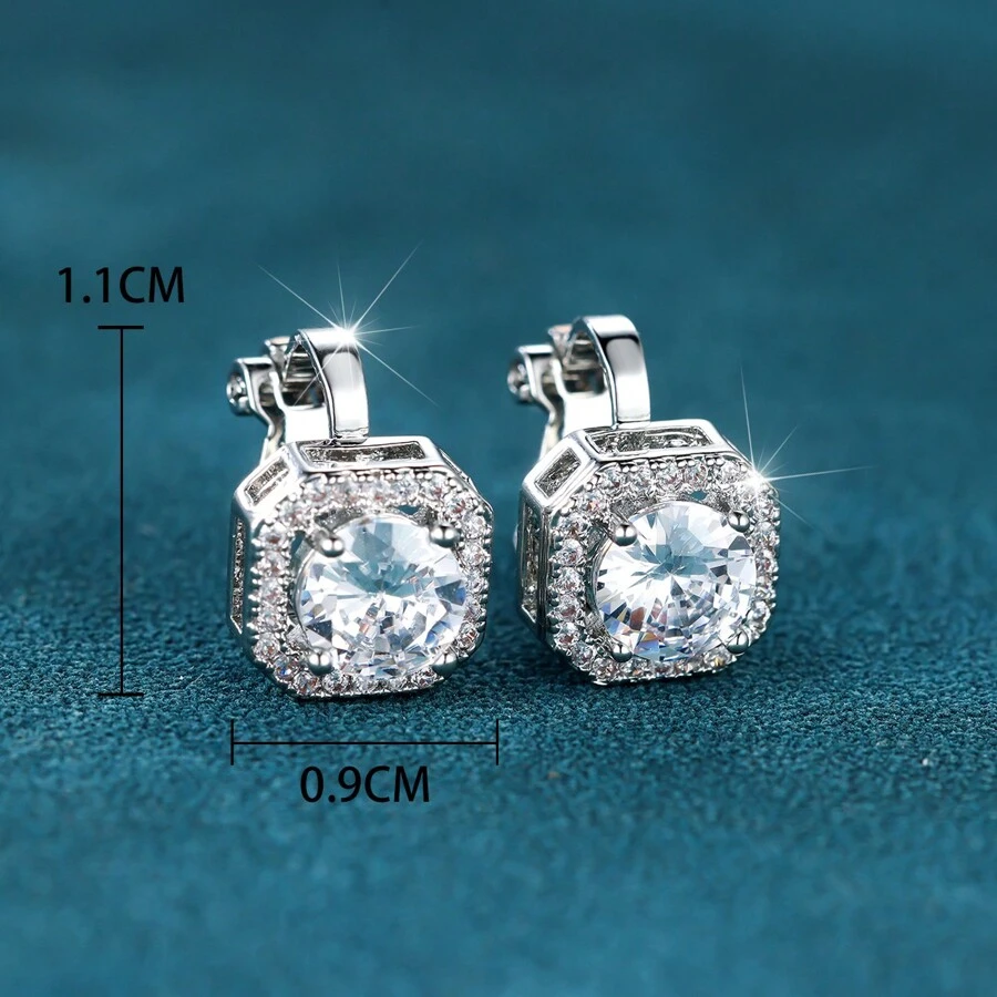 1pair Women Lovely Mini Clip-On Earrings, Sparkly White Cubic Zirconia Stud Earrings, Suitable For Bride Wedding And Everyday Wear