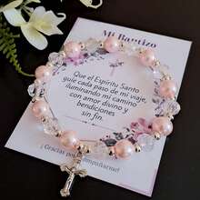 Adjustable Baptism Bracelets Souvenir Pink Pearl And Crystal Pack Of 10 Pieces With Cellophane Bag