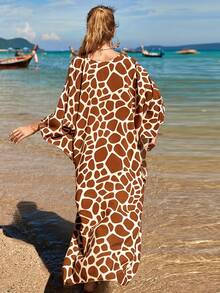 Women's Batwing Sleeve Plus Size Animal Print Kaftan For Beach Wear - 棕色 - 查看 5