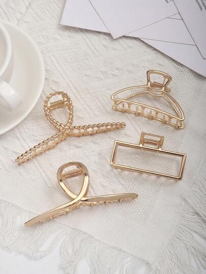 4pcs Simple Geometric Hollow Alloy Large Claw Clips, Vintage Style Hair Accessories Suitable For Women Daily Wear Hair Jaw Clip Hair Clamps Hair Clutch Hair Catcher Clip, Casual Fall Winter Hair Clip For Vacation Outfits Woman