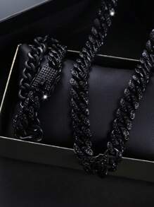 1pc Miami Cuban Link Chain, Fully Black With Embedded Shiny Black Diamonds, Unique Dark Cuban Necklace Bracelet, Best Gift For Father, Brother, Boyfriend - B - View 5