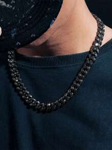 1pc Miami Cuban Link Chain, Fully Black With Embedded Shiny Black Diamonds, Unique Dark Cuban Necklace Bracelet, Best Gift For Father, Brother, Boyfriend - B - View 4