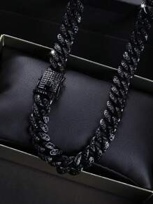 1pc Miami Cuban Link Chain, Fully Black With Embedded Shiny Black Diamonds, Unique Dark Cuban Necklace Bracelet, Best Gift For Father, Brother, Boyfriend - B - View 7