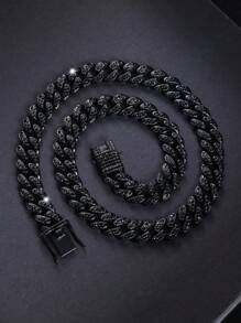 1pc Miami Cuban Link Chain, Fully Black With Embedded Shiny Black Diamonds, Unique Dark Cuban Necklace Bracelet, Best Gift For Father, Brother, Boyfriend - B - View 6