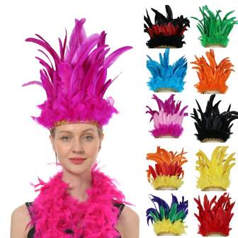 1PC Costume Feather Headpiece Carnival Feather Headdress For Showgirl Headwear Headband Fantasy Fest Feather Accessory Stage Prop With A Color Fringe