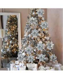 10 CÁI Hoa trạng nguyên lấp lánh Giáng sinh Hoa trang trí Giáng sinh nhân tạo Hoa trang trí và Hoa trạng nguyên lấp lánh Đồ trang trí cây thông Noel cho Đám cưới Giáng sinh - Bạc - Bạc - Xem 4
