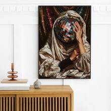 1 peça, pôster de tela de mulher com bola de discoteca vintage, arte luxuosa de bola de espelho, estética moderna e divertida, estilo nórdico, decoração de sala de casa, arte de parede, presente ideal para quarto, sala de estar, corredor, arte de parede, decoração de parede, sem moldura