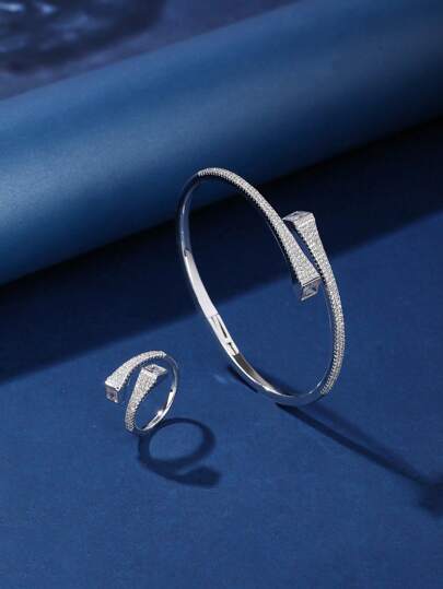 2 Pieces Jewelry Set: Open Bangle Bracelet And Ring, Square Rhinestone Design, Minimalist Style, Suitable As Gift For Women For Everyday And Holidays