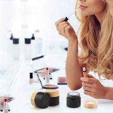 6 件装 0.35 盎司/10 毫升可重复使用磨砂黑色玻璃化妆品罐，带竹盖，防紫外线容器，用于面霜、乳液、护肤品 - 不油腻，螺旋盖储存罐 - 15克 - 查看 2