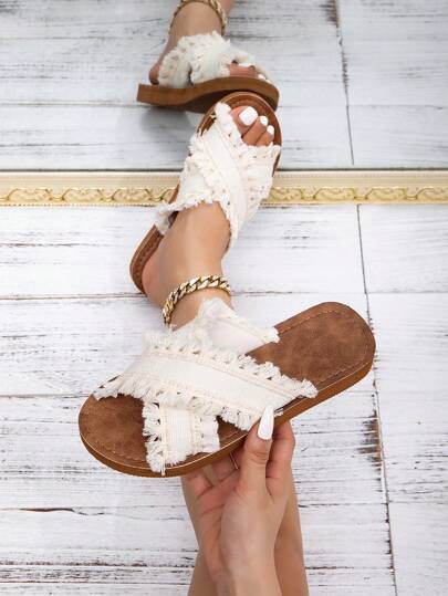 Women's Original Design Elegant Tassel Flat Sandals In Beige, Suitable For Beach, Sweet And Cute Peep Toe, Breathable And Comfortable, Lightweight For Holiday, Ideal For Party, Banquet And Casual Occasions