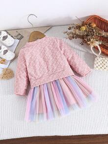 女婴长袖蝴蝶结装饰公主风连衣裙，心形花朵图案拼接网眼，二合一 - 淺粉色 - 查看 2