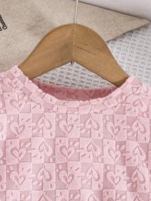 女婴长袖蝴蝶结装饰公主风连衣裙，心形花朵图案拼接网眼，二合一 - 淺粉色 - 查看 3