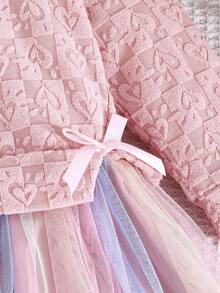 女婴长袖蝴蝶结装饰公主风连衣裙，心形花朵图案拼接网眼，二合一 - 淺粉色 - 查看 4