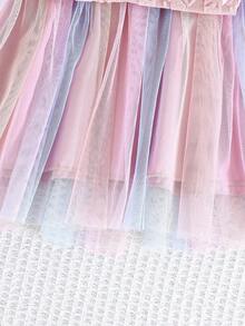 女婴长袖蝴蝶结装饰公主风连衣裙，心形花朵图案拼接网眼，二合一 - 淺粉色 - 查看 6