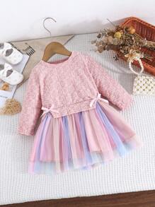 女婴长袖蝴蝶结装饰公主风连衣裙，心形花朵图案拼接网眼，二合一 - 淺粉色 - 查看 1